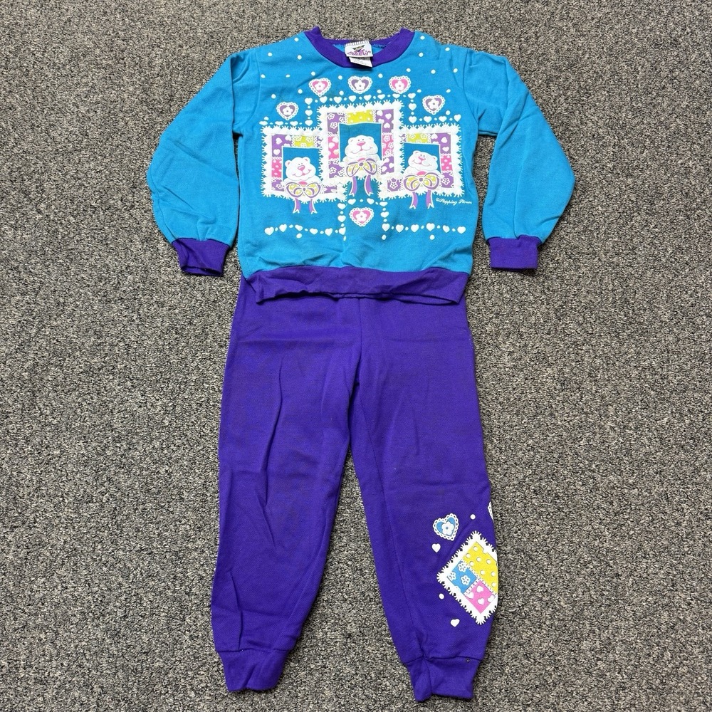 Vintage Girls Athletic Works Sweatsuit Purple Dogs Hearts Bows 80s 90s Size 5